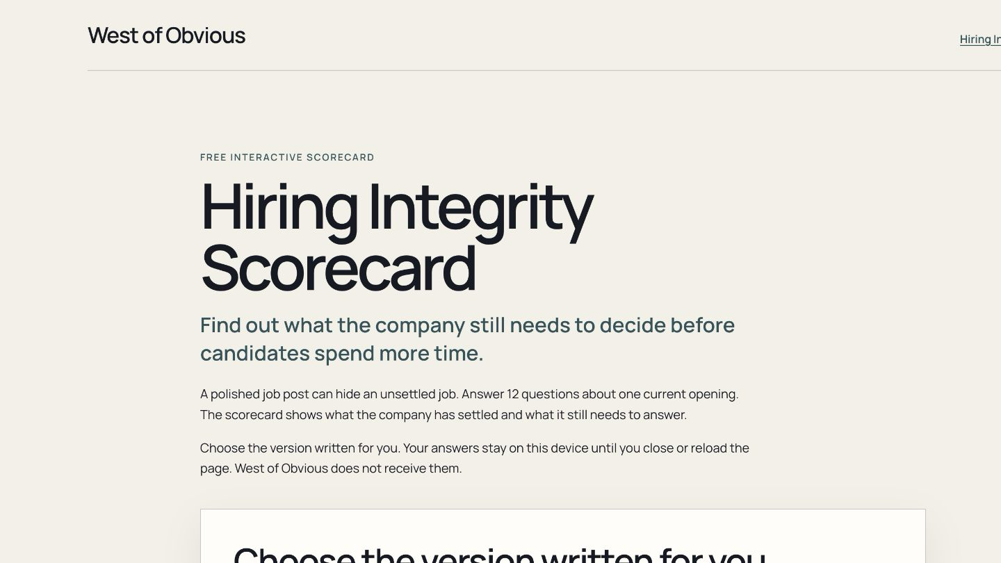 Hiring Integrity Scorecard start screen showing four versions for people in different parts of the hiring process.